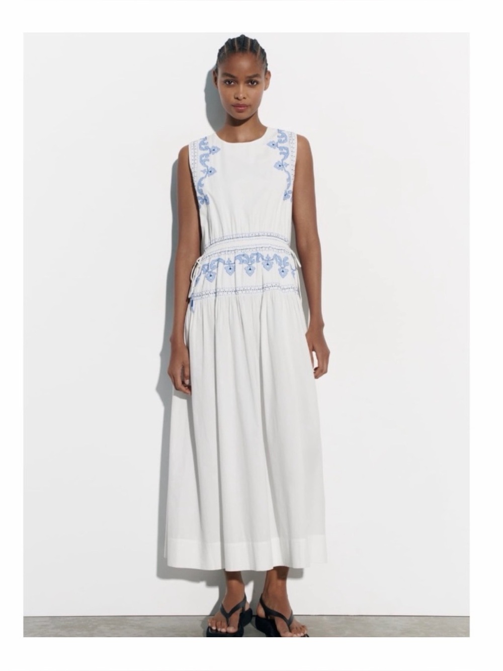ZARA Embroidered Midi Dress White and Blue